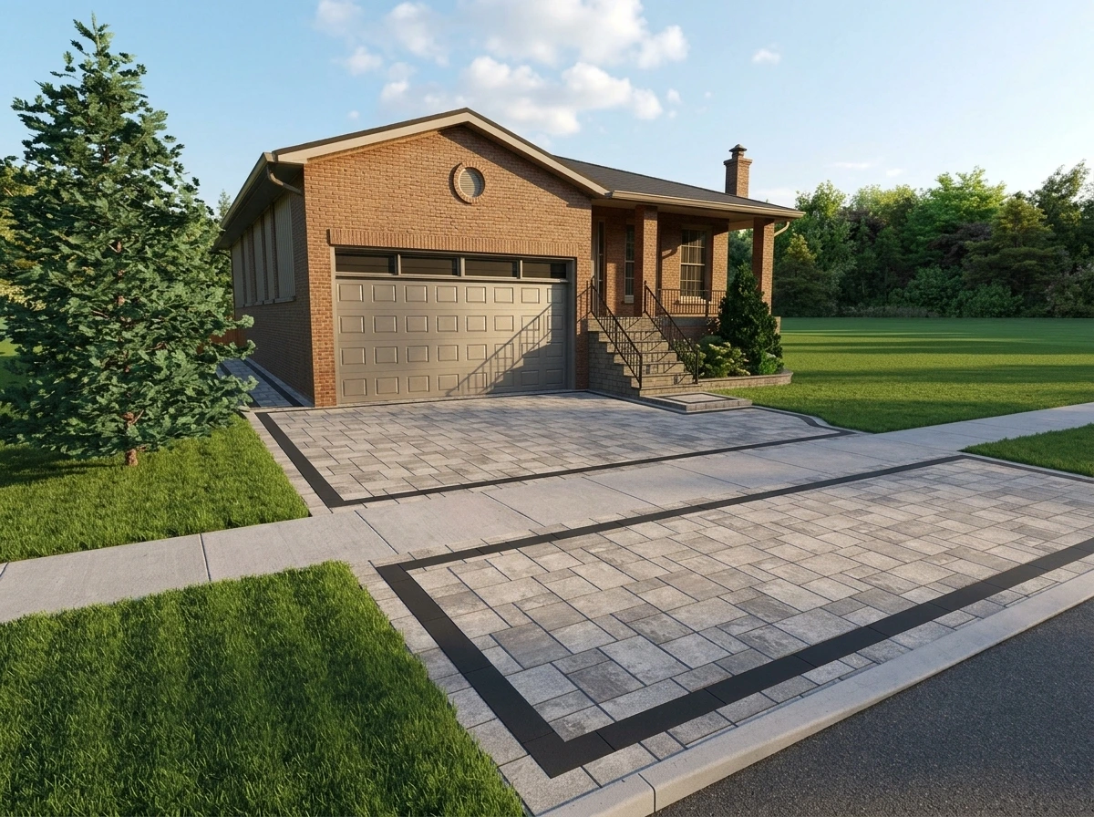 Driveway perspective — charcoal border & curb appeal