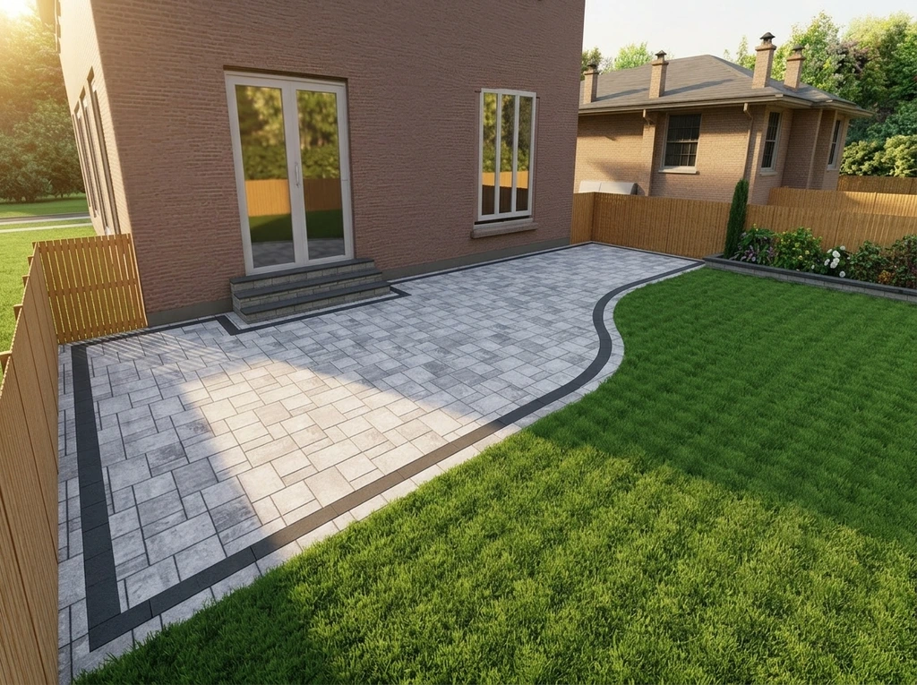 Curved patio — charcoal border detail