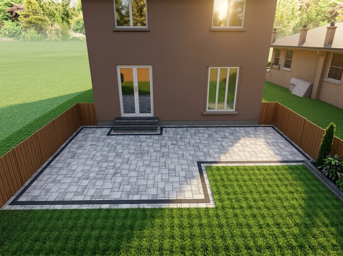 Straight backyard patio — squared layout with charcoal border