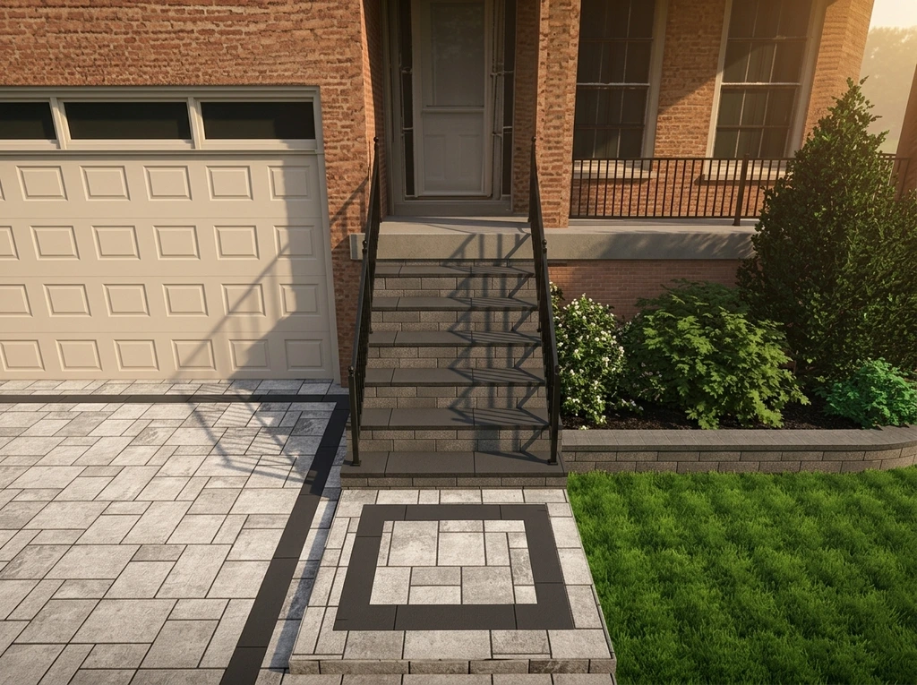 Front steps — inlay landing & stone treads